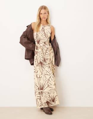 Asos Design Sleeveless Ruffled Hip Detail Midi Dress In Neutral