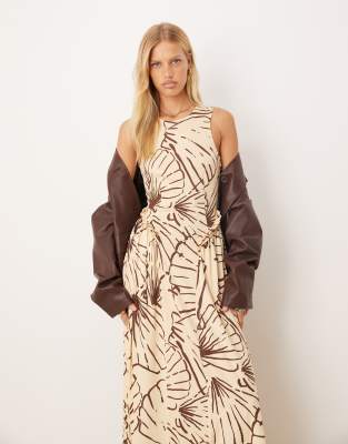 Asos Design Sleeveless Ruffled Hip Detail Midi Dress In Neutral