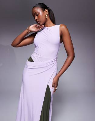 ASOS DESIGN - Robe longue sans manches à détail paréo et empiècement contrastant - Lilas
