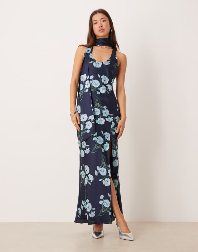 blue floral satin maxi dress ASOS DESIGN sleeveless with scarf detail in print Sleek satin shapes a VOGA70 Plus Size Everyday Muse Optional:Ruffle bow gloves
