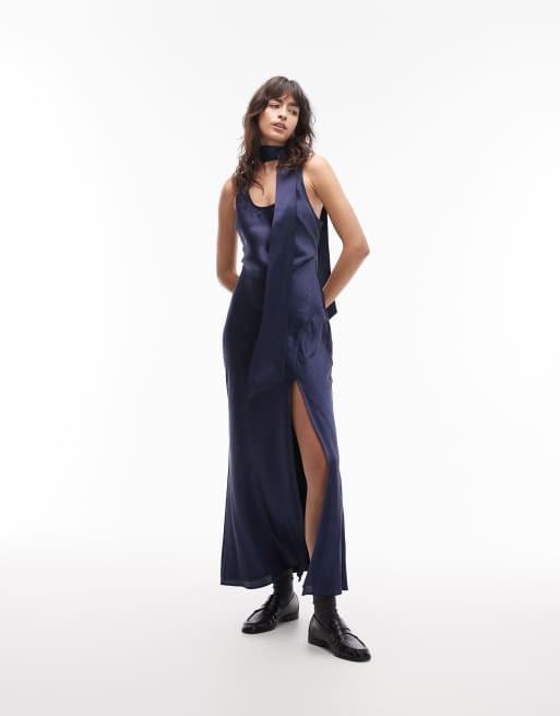 knee length dresses for ladies Elina Satin Necklace Maxi Dress / Navy | Meshki