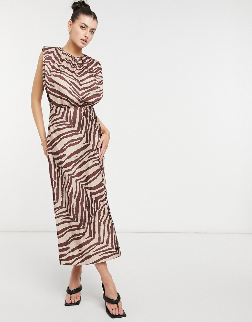 ASOS DESIGN sleeveless satin midi dress in neutral zebra print-Multi