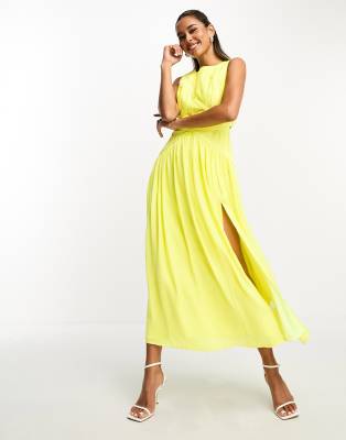 Asos Design Sleeveless Satin Pleated Ruched Maxi Dress In Bright Yellow