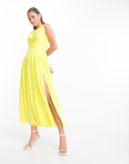 ASOS DESIGN sleeveless satin pleated ruched maxi dress in bright yellow