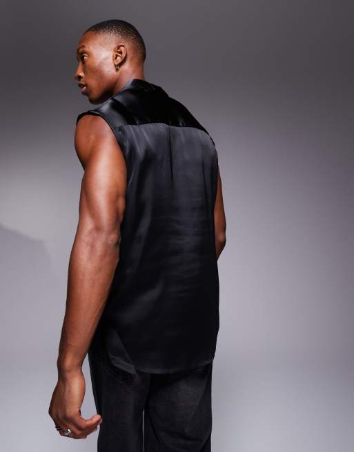 ASOS DESIGN sleeveless satin regular shirt with tie neck in
