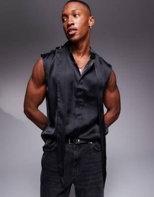 Asos Design Sleeveless Satin Shirt With Tie Neck In Black