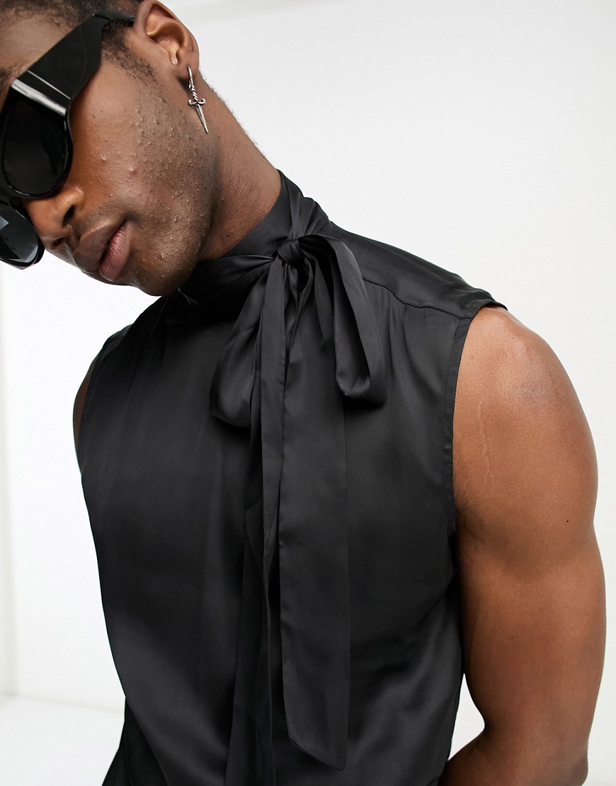 ASOS DESIGN sleeveless satin tie neck shirt in black