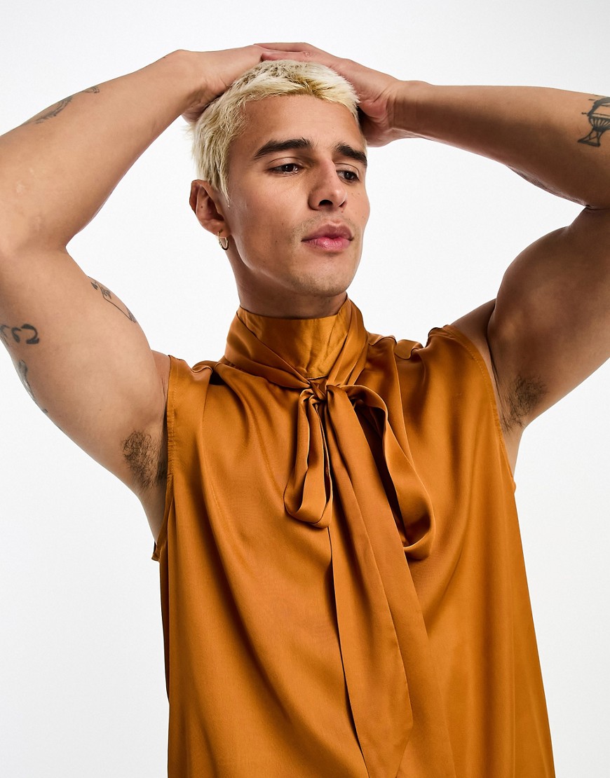 ASOS DESIGN sleeveless satin tie neck shirt in bronze-Brown