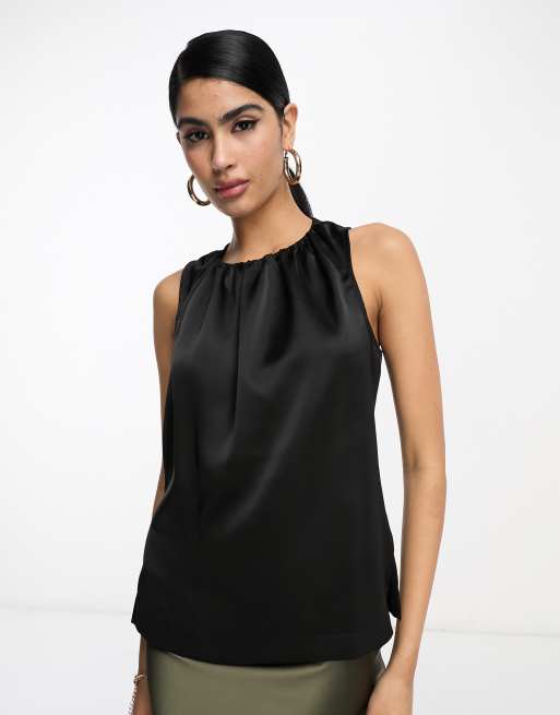 ASOS DESIGN sleeveless satin top with ruched neck in black | ASOS