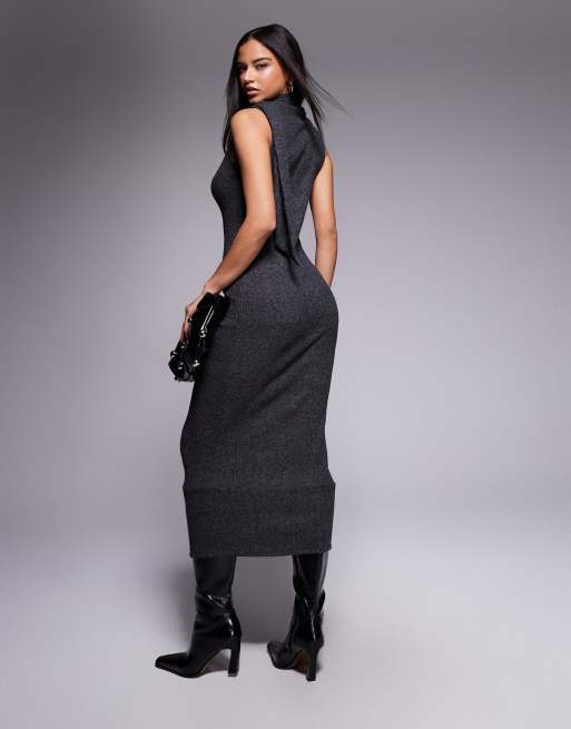 ASOS DESIGN sleeveless scarf detail ribbed midi dress in charcoal, 3 of 4