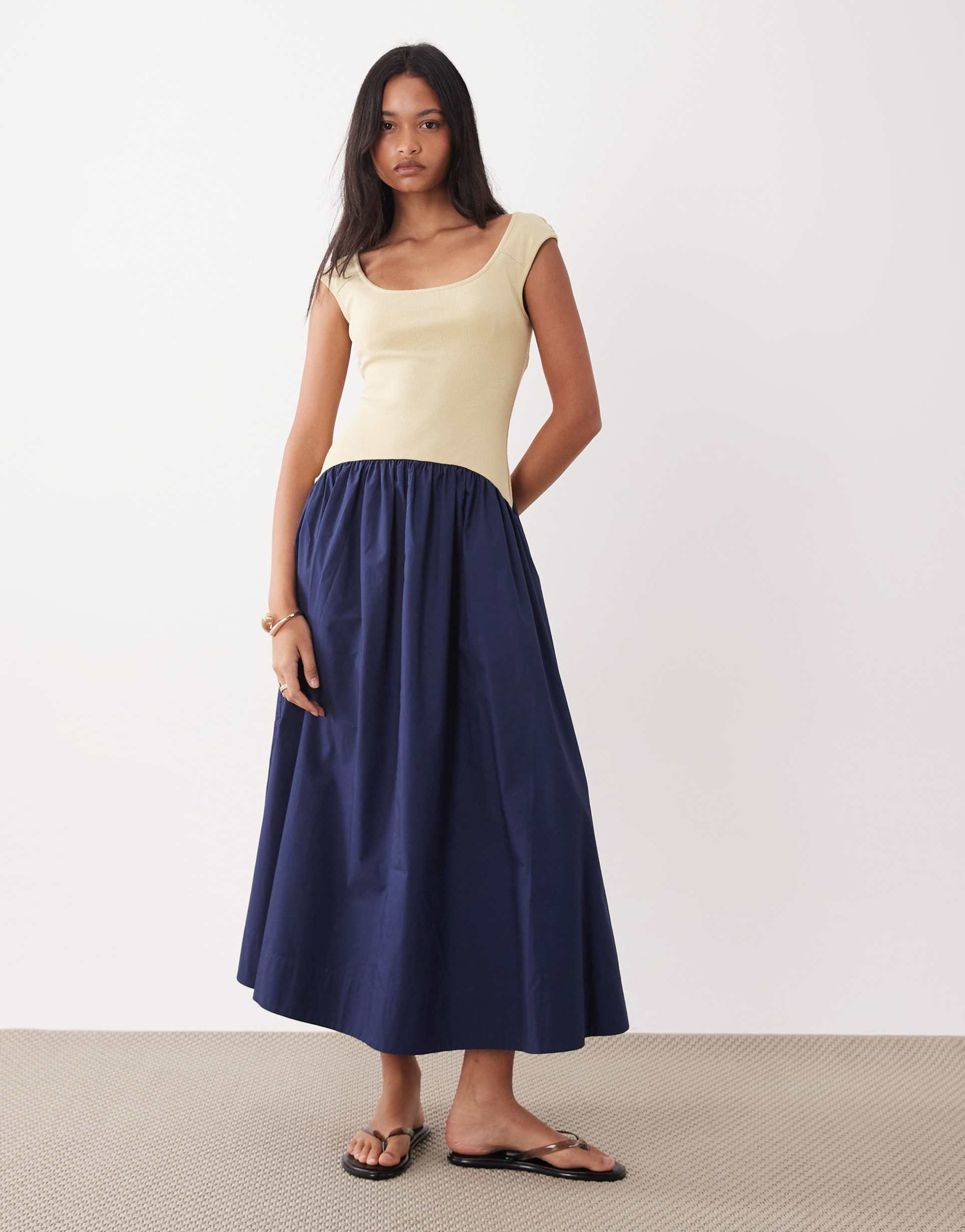 asos design sleeveless scoop neck hybrid maxi dress in stone and navy