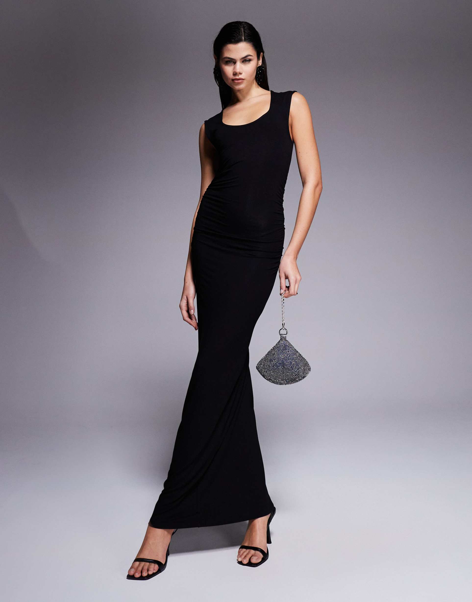 asos design sleeveless scoop neck ruched bum maxi dress in black