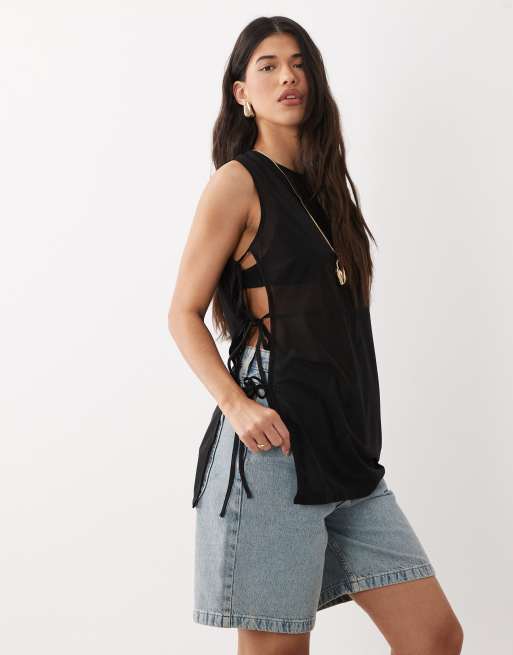 ASOS DESIGN sleeveless sheer longline top in black - part of a set, 2 of 4