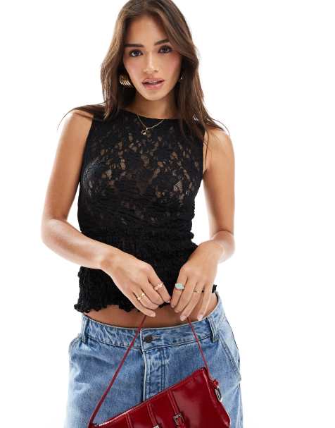 ASOS DESIGN sleeveless shirred lace top in black - view 1