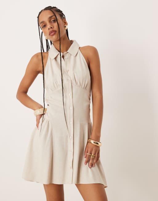 ASOS DESIGN sleeveless shirt linen look mini dress in oat ASOS