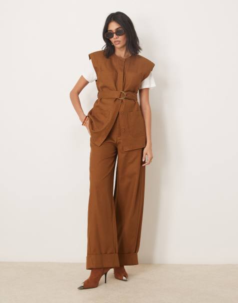 ASOS DESIGN sleeveless shirt & relaxed trouser co-ord in tan - view 1