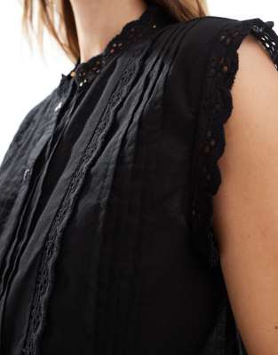 Asos Design Sleeveless Shirt With Broderie Trim Detail In Black