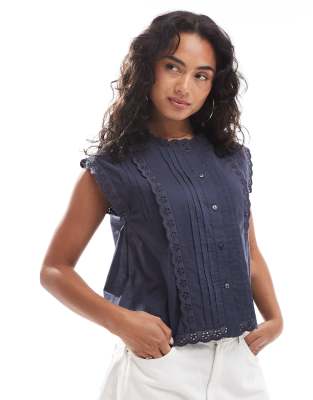 ASOS DESIGN sleeveless shirt with broderie trim detail in blue - view 1