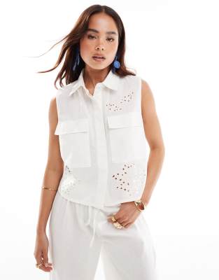 Asos Design Sleeveless Shirt With Cutwork In Cream - Part Of A Set-white