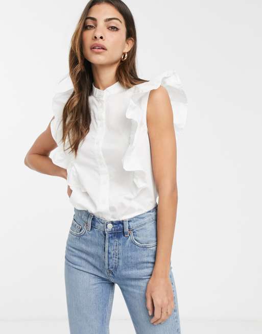 ASOS DESIGN sleeveless shirt with frill detail in cotton in white | ASOS