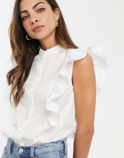 ASOS DESIGN sleeveless shirt with frill detail in cotton in