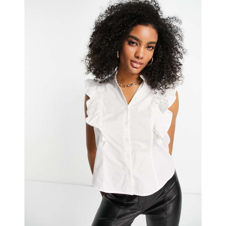 ASOS DESIGN sleeveless shirt with frill detail in cotton in white