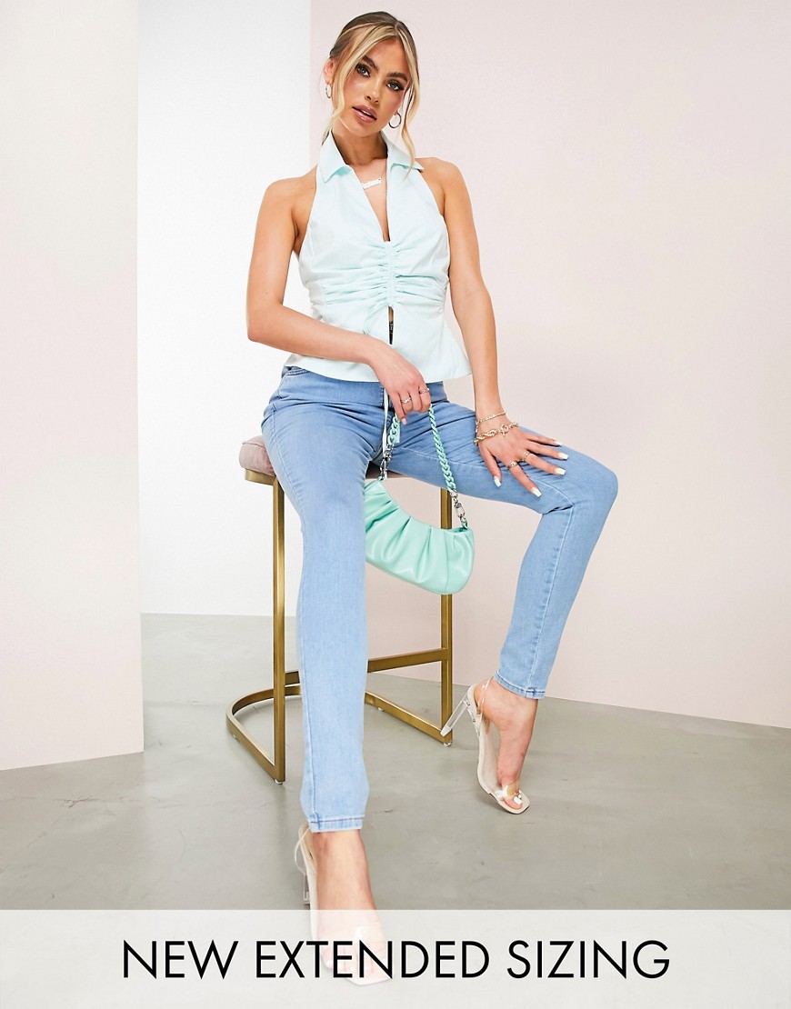 ASOS DESIGN sleeveless shirt with ruched front in pastel blue-Blues