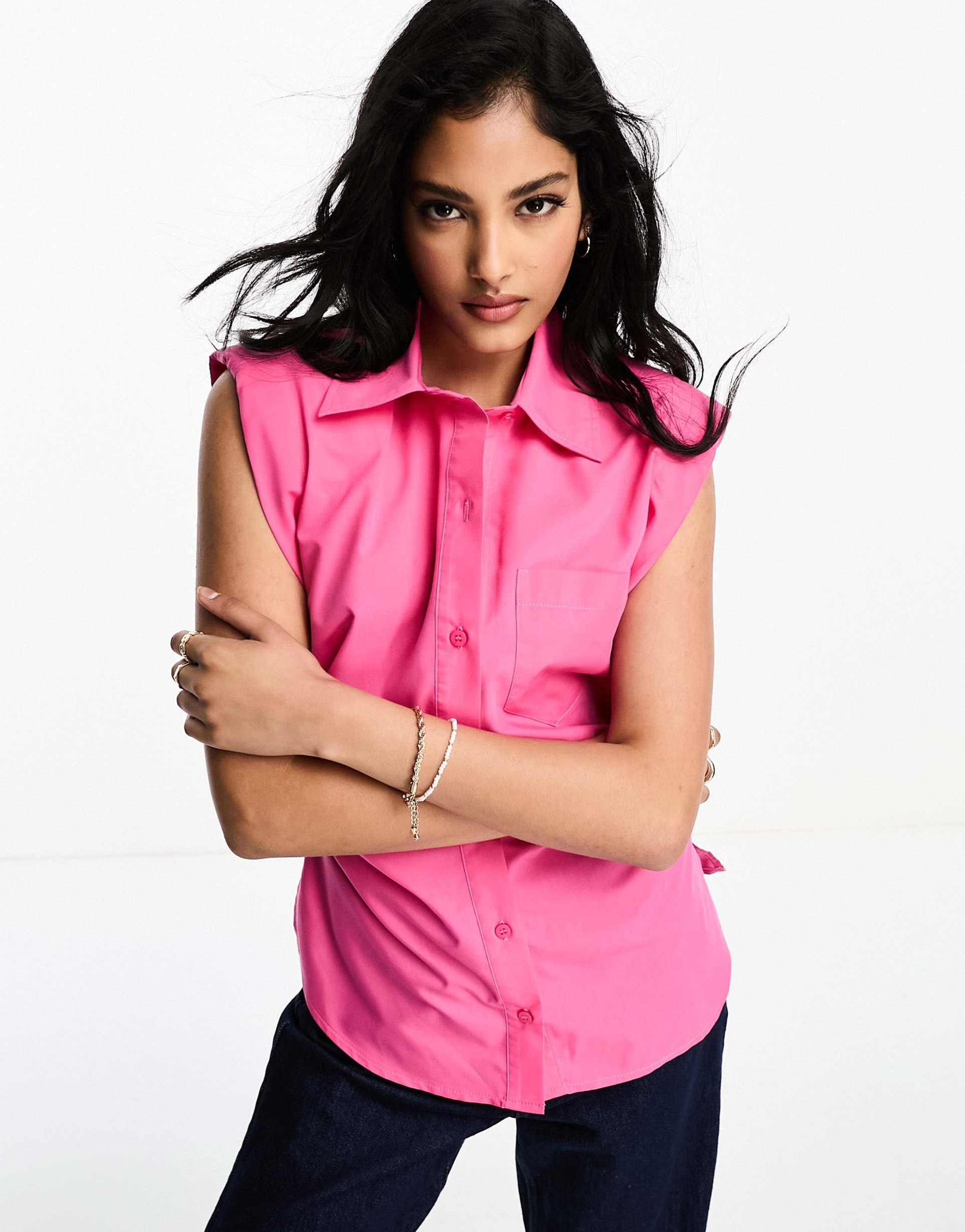 asos design sleeveless shirt with ruched side in hot pink