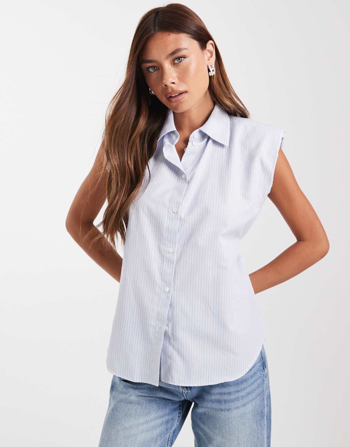 ASOS DESIGN sleeveless shoulder pad cinched shirt in stripe