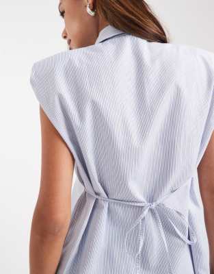 Asos Design Sleeveless Shoulder Pad Cinched Shirt In White