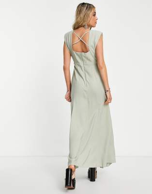 ASOS DESIGN sleeveless shoulder pad linen maxi dress with slits in sage