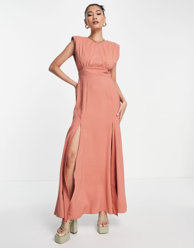 ASOS DESIGN sleeveless shoulder pad linen maxi dress with slits in terracotta