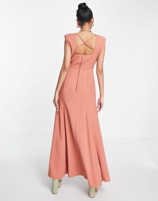 ASOS DESIGN sleeveless shoulder pad linen maxi dress with slits in  terracotta