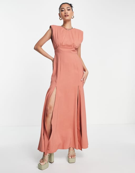 ASOS DESIGN sleeveless shoulder pad linen maxi dress with splits in terracotta