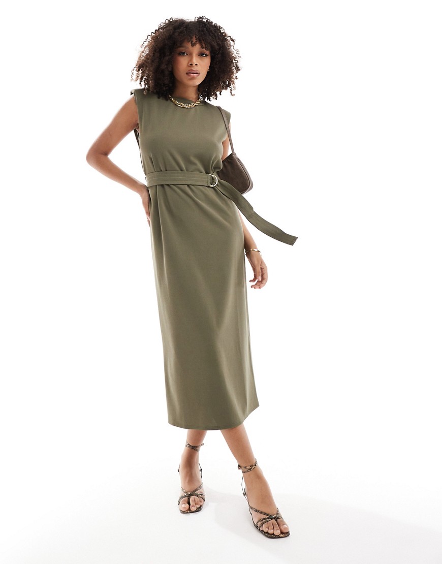 ASOS DESIGN sleeveless shoulder pad midi dress with belt in khaki-Green