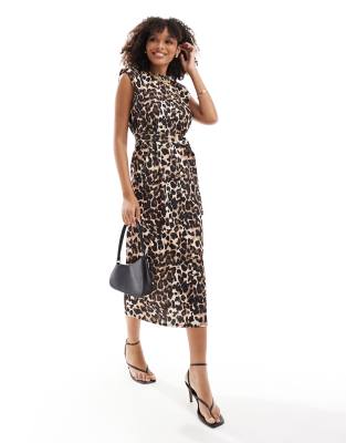 ASOS DESIGN sleeveless shoulder pad midi dress with belt in leopard print