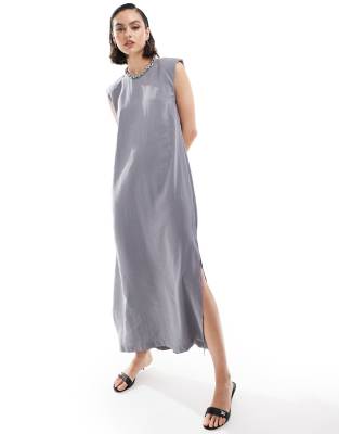 Asos Design Sleeveless Shoulder Pad T-shirt Midi Dress In Gray