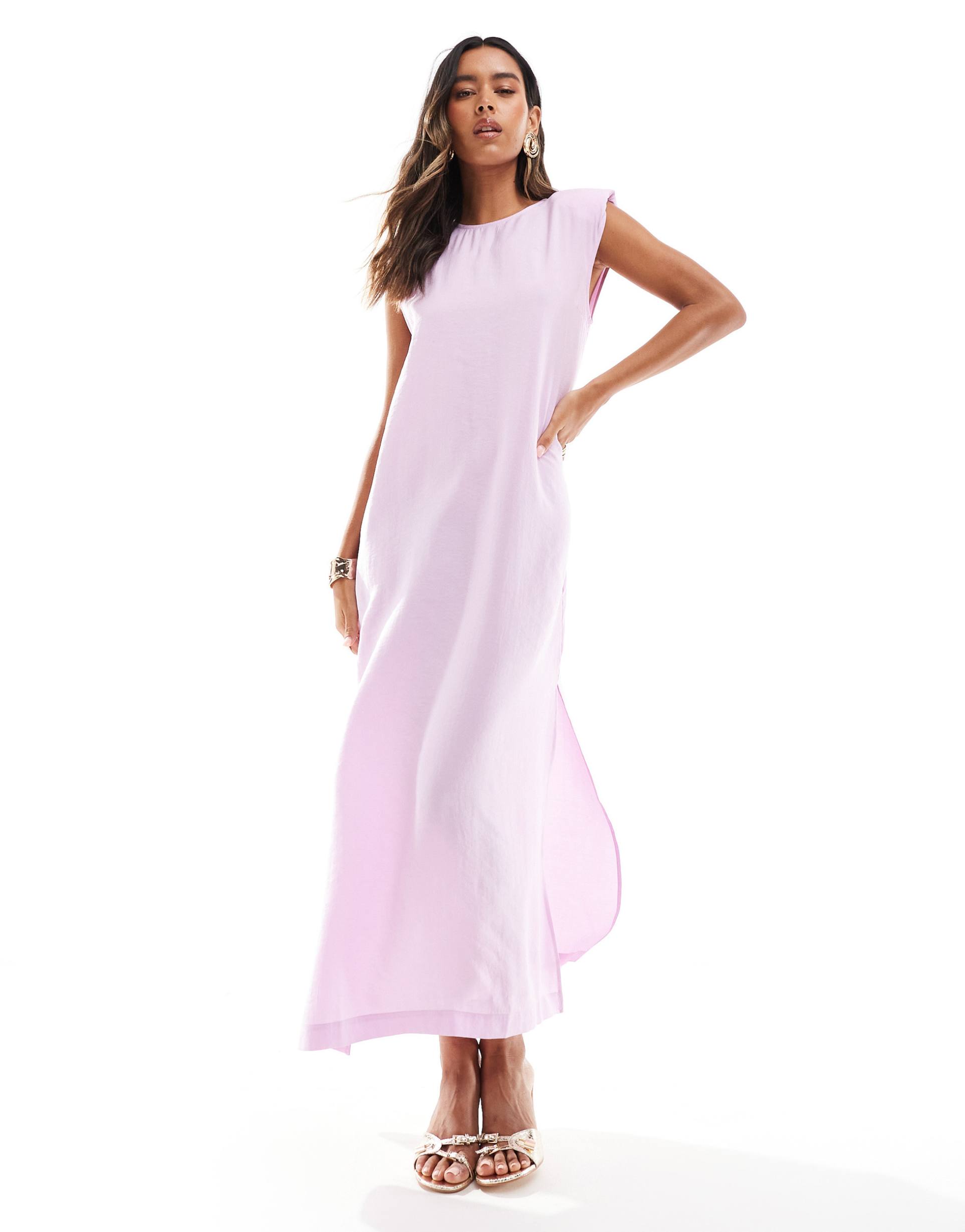 asos design sleeveless shoulder pad t-shirt midi dress in light pink