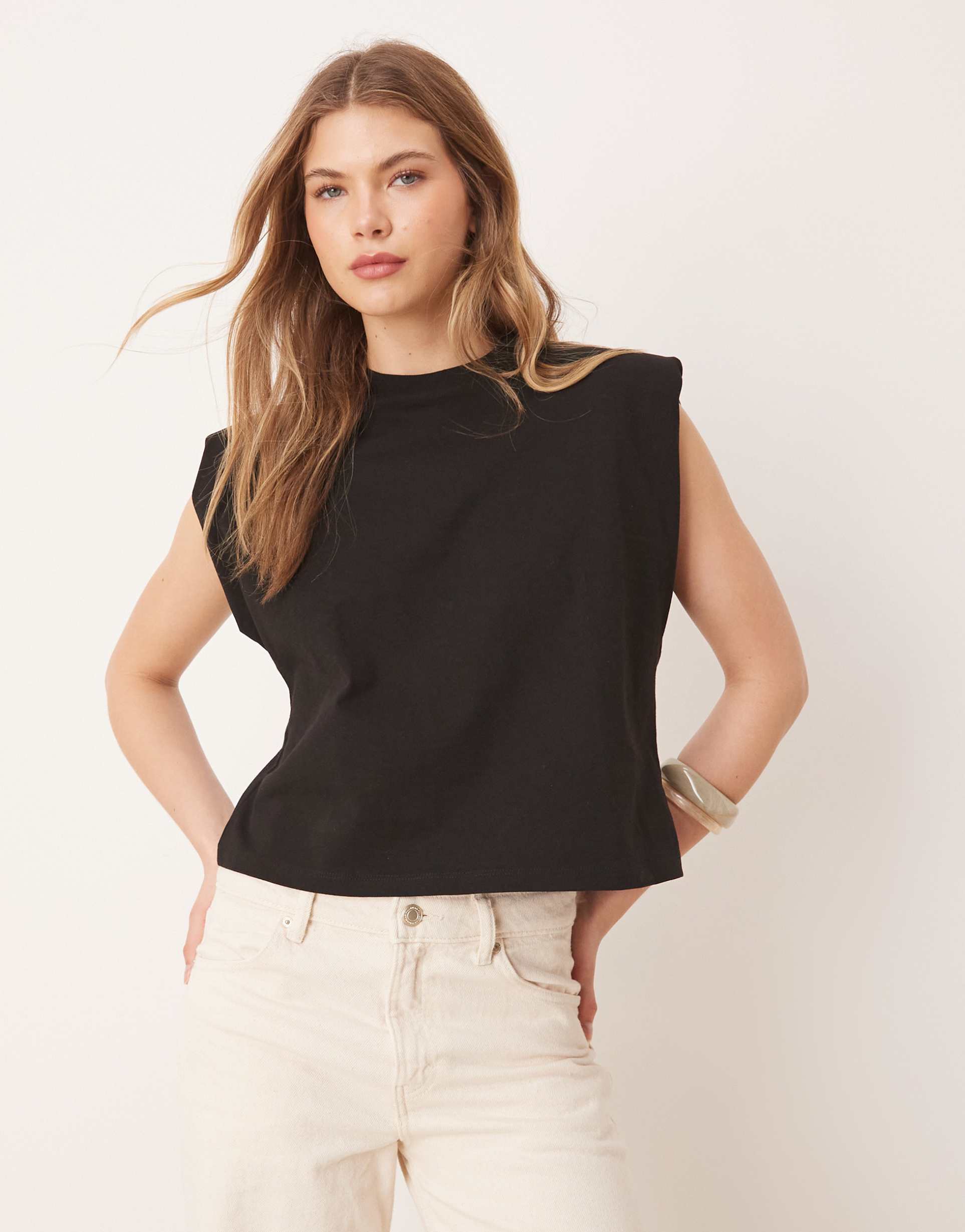 asos design sleeveless shoulder pad top in black
