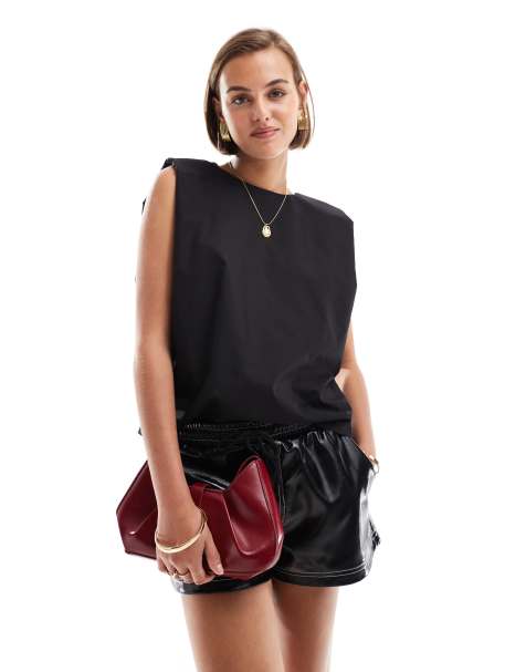 ASOS DESIGN sleeveless shoulder pad woven t-shirt in black - view 1