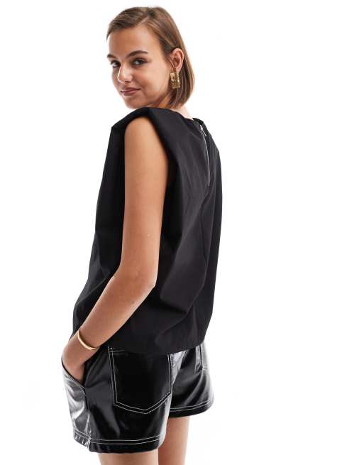 ASOS DESIGN sleeveless shoulder pad woven t shirt in black