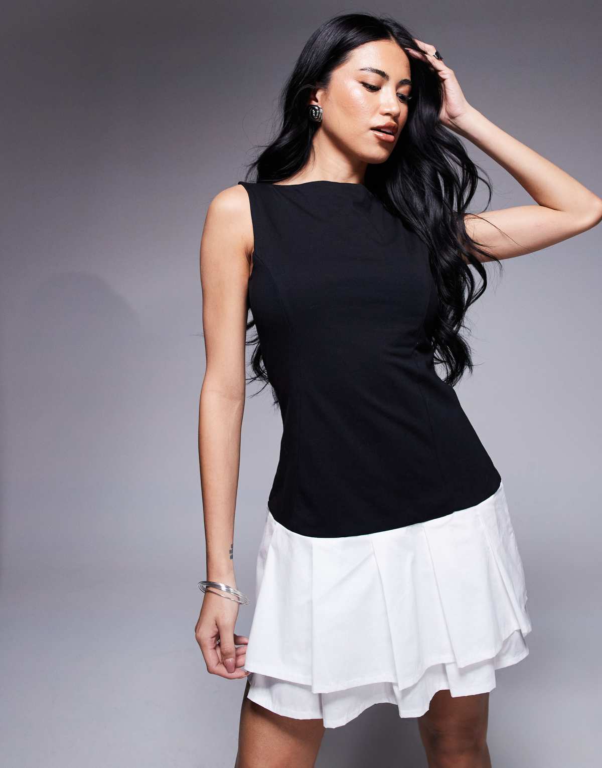 ASOS DESIGN sleeveless slash neck dropped poplin skirt mini dress mono