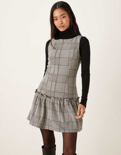 ASOS DESIGN sleeveless slash neck dropped waist mini dress in gray check, 2 of 4