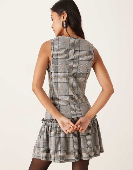 ASOS DESIGN sleeveless slash neck dropped waist mini dress in gray check, 4 of 4