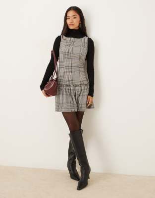 ASOS DESIGN sleeveless slash neck dropped waist mini dress in grey check-Multi