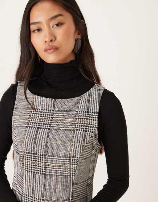 ASOS DESIGN sleeveless slash neck dropped waist mini dress in grey check, 3 of 4