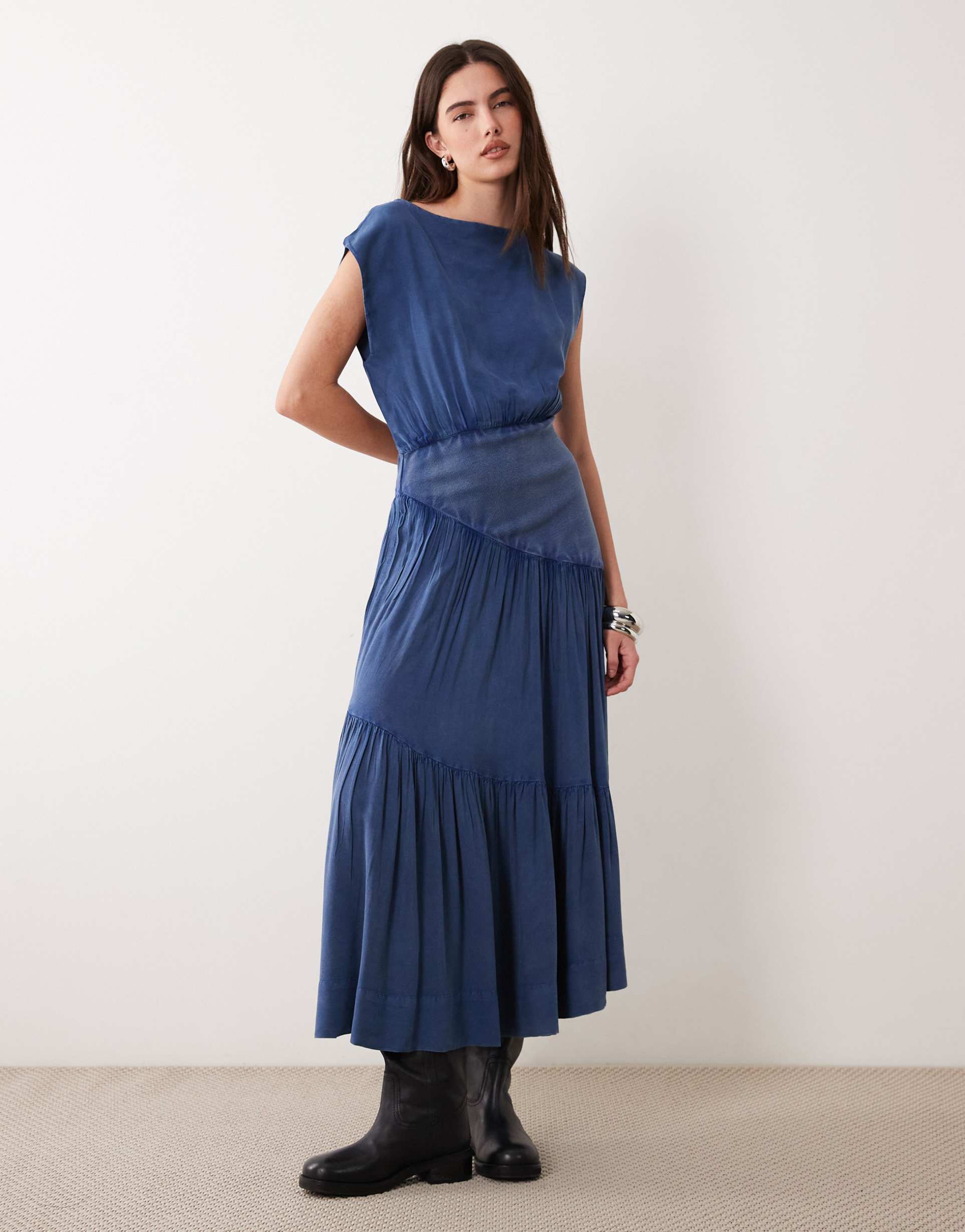 asos design sleeveless slash neck hybrid midaxi dress in denim blue