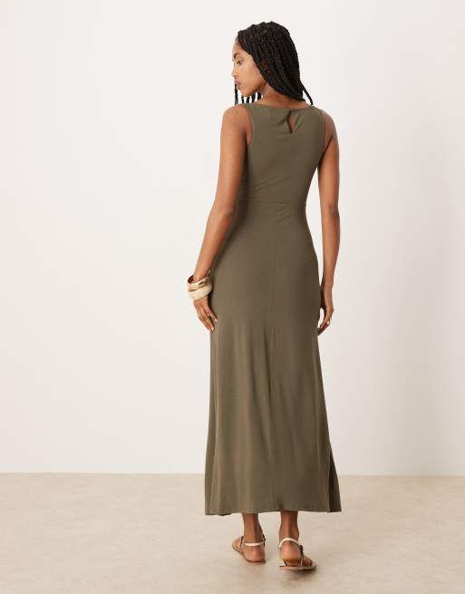 ASOS DESIGN sleeveless slash neck ruched front maxi dress in khaki, 3 of 4