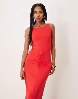 Asos Design Sleeveless Slash Neck Ruched Front Maxi Dress In Red