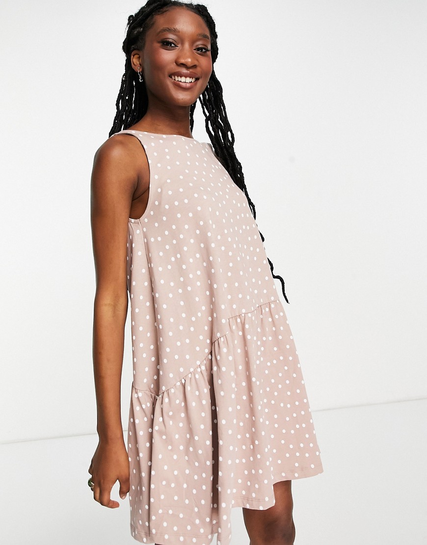 ASOS DESIGN sleeveless smock dress with v back in mink and white spot-Pink